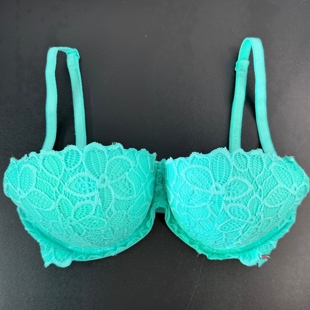 Victoria's Secret PINK Bra 32DD Teal Lace Push Up Underwire Floral Padded Charm